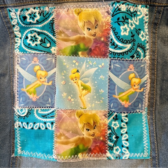 Upcycled Denim Jean jacket  patchwork Tinker Bell ruffle frayed edges girls - Picture 8 of 10